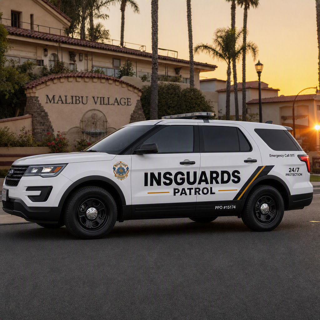INSGUARDS marked patrol vehicle with the INSGUARDS badge at the upper corner of the door panel and PATROL identification below