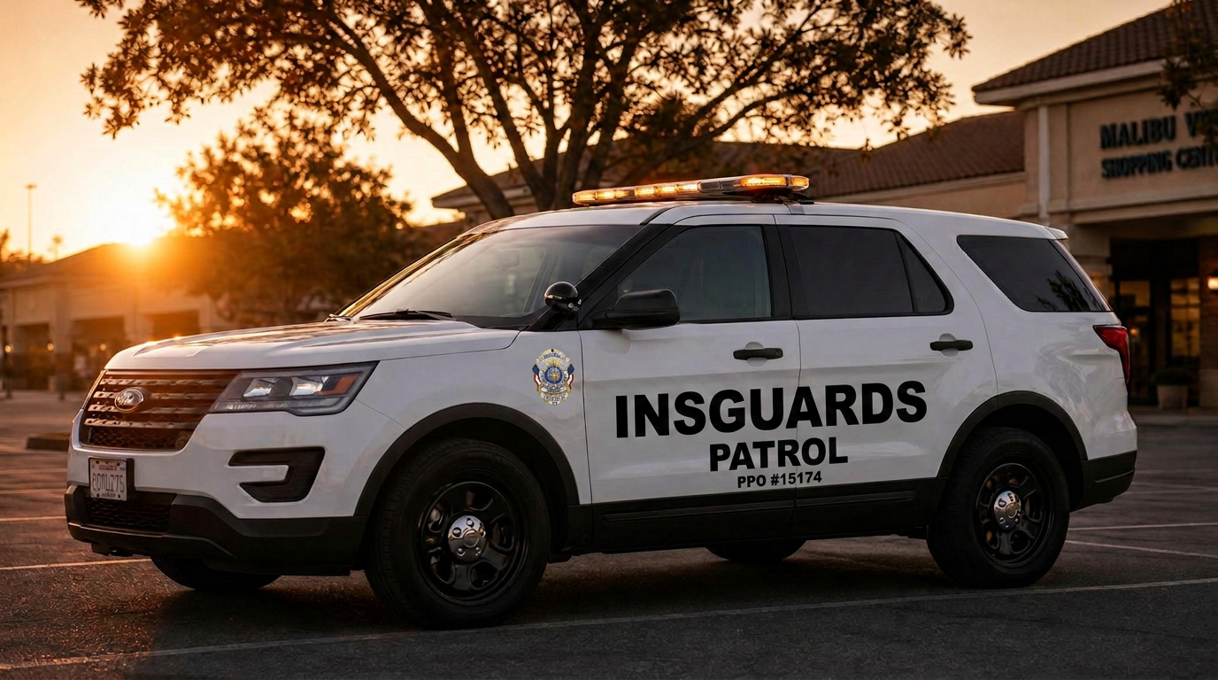 White INSGUARDS marked patrol vehicle displaying PATROL, PPO #15174, 24/7 Protection and Emergency Call 911 decals