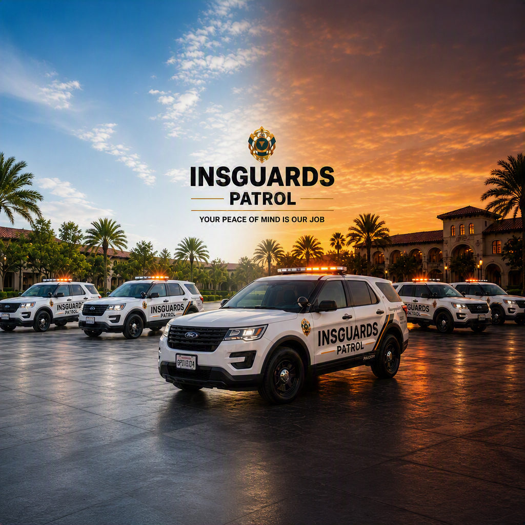 INSGUARDS marked patrol vehicle with the INSGUARDS badge at the upper corner of the door panel and PATROL identification below