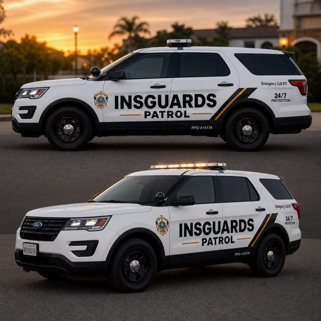 INSGUARDS marked patrol vehicle with the INSGUARDS badge at the upper corner of the door panel and PATROL identification below