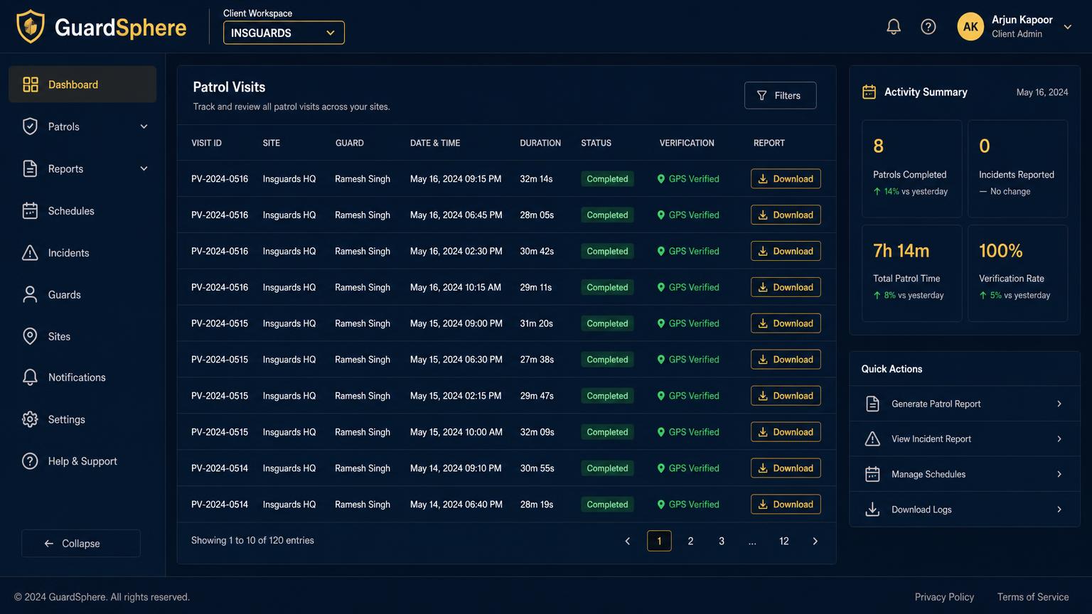 GuardSphere Client Portal View screenshot showing the INSGUARDS workspace