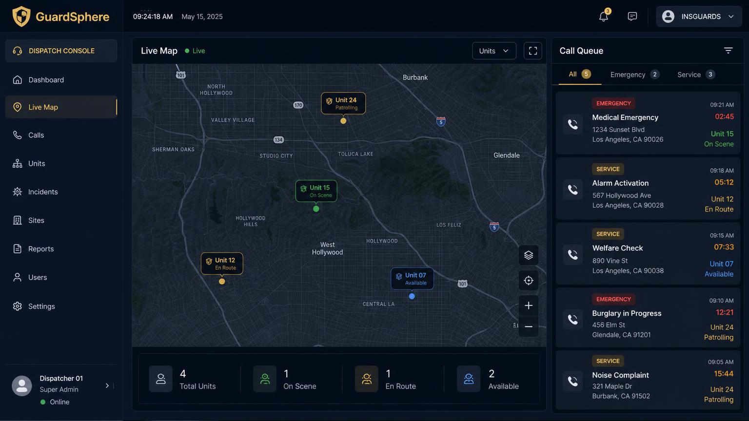 GuardSphere Dispatch Console screenshot showing the INSGUARDS workspace