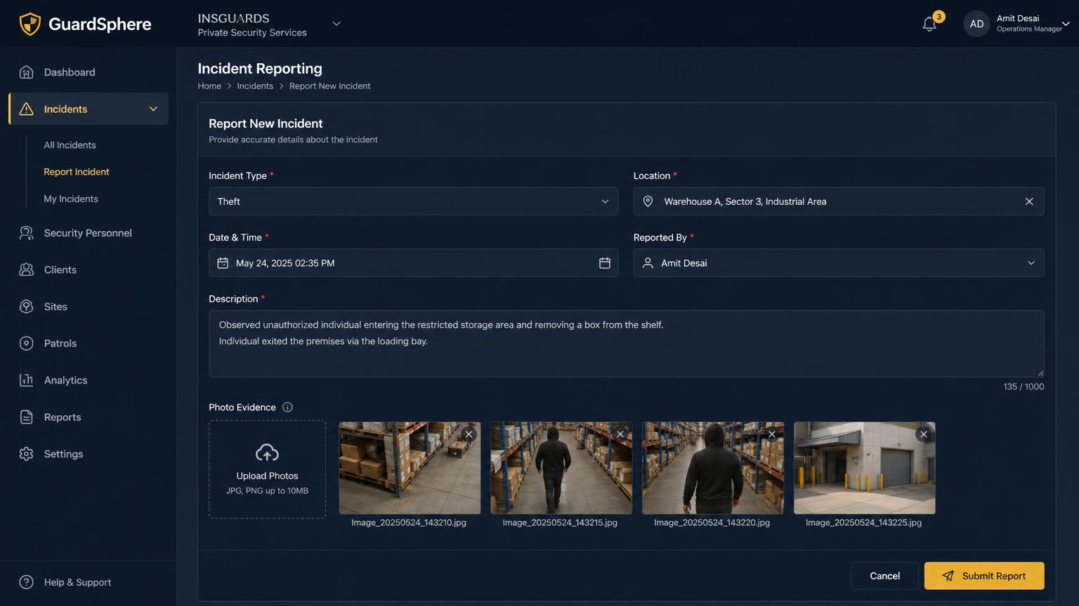 GuardSphere Incident Reporting Module screenshot showing the INSGUARDS workspace